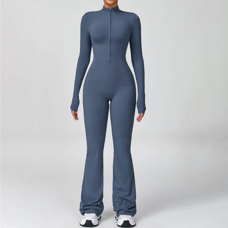 Women'S Long Sleeve Flared Sports Jumpsuit - Zipper Jumpsuit, Wide Leg Bodysuit, Sexy One-Piece Yoga Jumpsuit, Fitness Activewear for the Gym, Pilates, Casual or Street Wear, Tennis Skirt with Shorts and Tie-Front Activewear Sporty Yoga Set