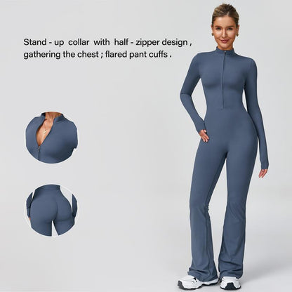 Women'S Long Sleeve Flared Sports Jumpsuit - Zipper Jumpsuit, Wide Leg Bodysuit, Sexy One-Piece Yoga Jumpsuit, Fitness Activewear for the Gym, Pilates, Casual or Street Wear, Tennis Skirt with Shorts and Tie-Front Activewear Sporty Yoga Set